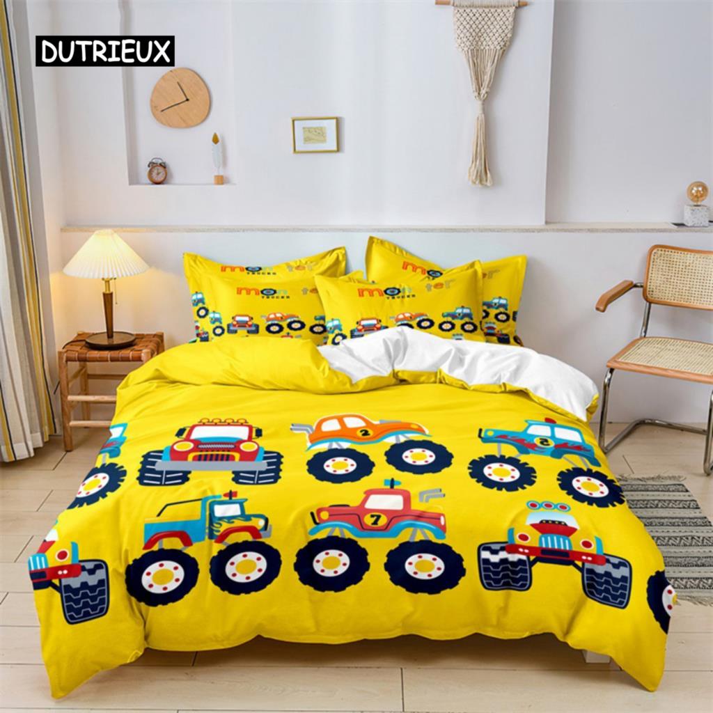 Пододеяльник с изображением машинки из мультфильма для мальчиков, комплект постельного белья, строительная техника, покрывало для одеяла, детская мультяшная техника, грузовик, мягкий полиэстеровый декор