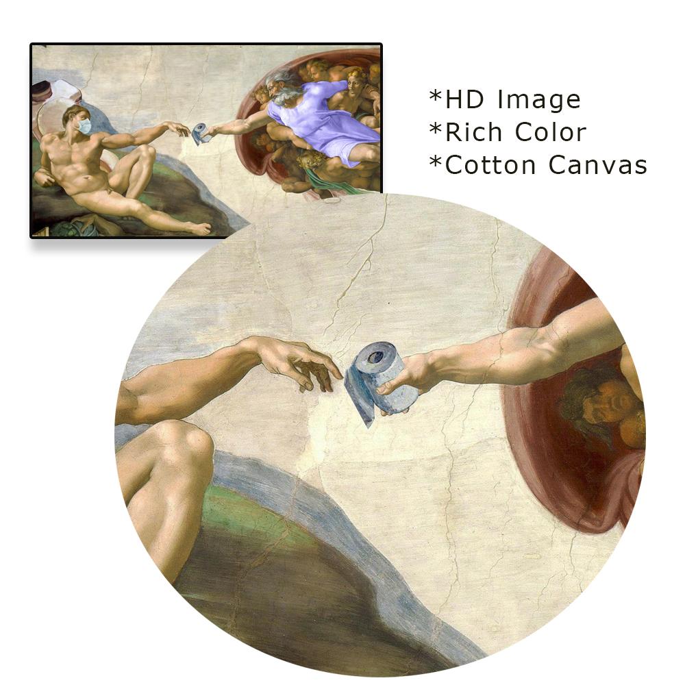 Funny Toilet Paper Poster Michelangelo Creation of Adam Famous Figure Portrait Canvas Painting Wall Art Bathroom Room Decoration