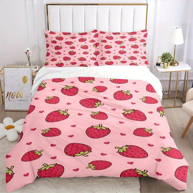 3pcs Strawberry Hearts print bedding quilt cover, soft and comfortable quilt cover suitable for bedroom and guest room200