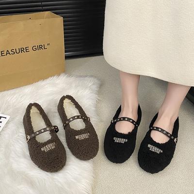 Зима 2025 новые ретро плоские мягкие пушистые туфли для женщин для ношения осенью и зимой бархатные хлопковые туфли туфли Мэри Джейн