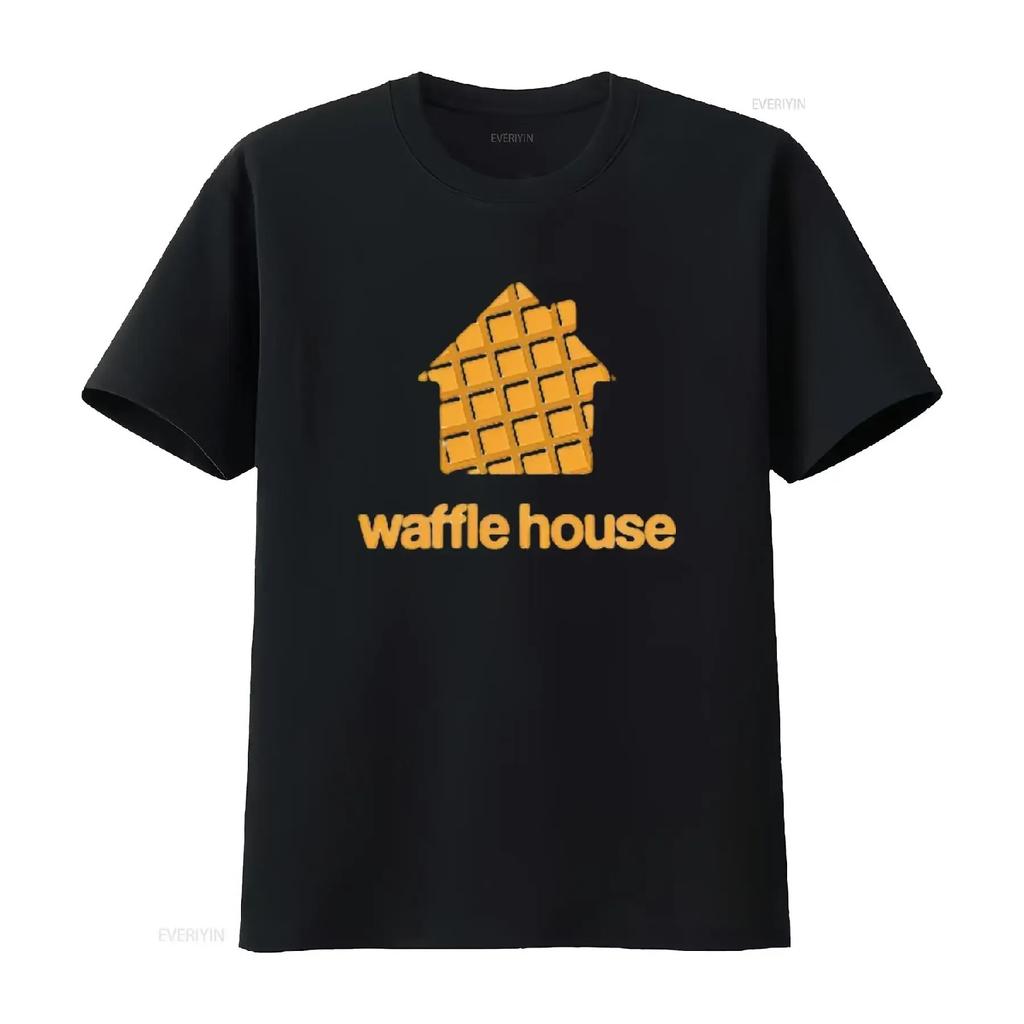 WAFFLE HOUSE Ретро Футболка Черная Большая винтажная Стиранная Унисекс мужская Стильный Топ Для Повседневной Носки Мягкая Повседневная Дышащая