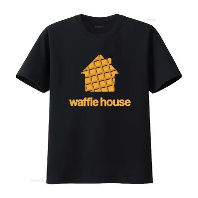 WAFFLE HOUSE Ретро Футболка Черная Большая винтажная Стиранная Унисекс мужская Стильный Топ Для Повседневной Носки Мягкая Повседневная Дышащая