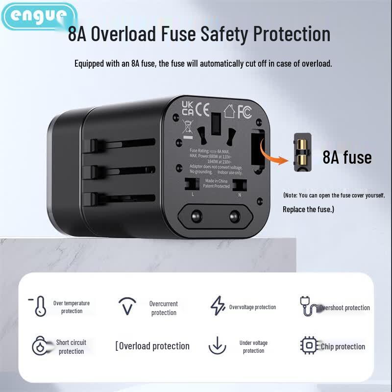 Универсальный адаптер для путешествий ENGUE с двумя портами USB и Type-C