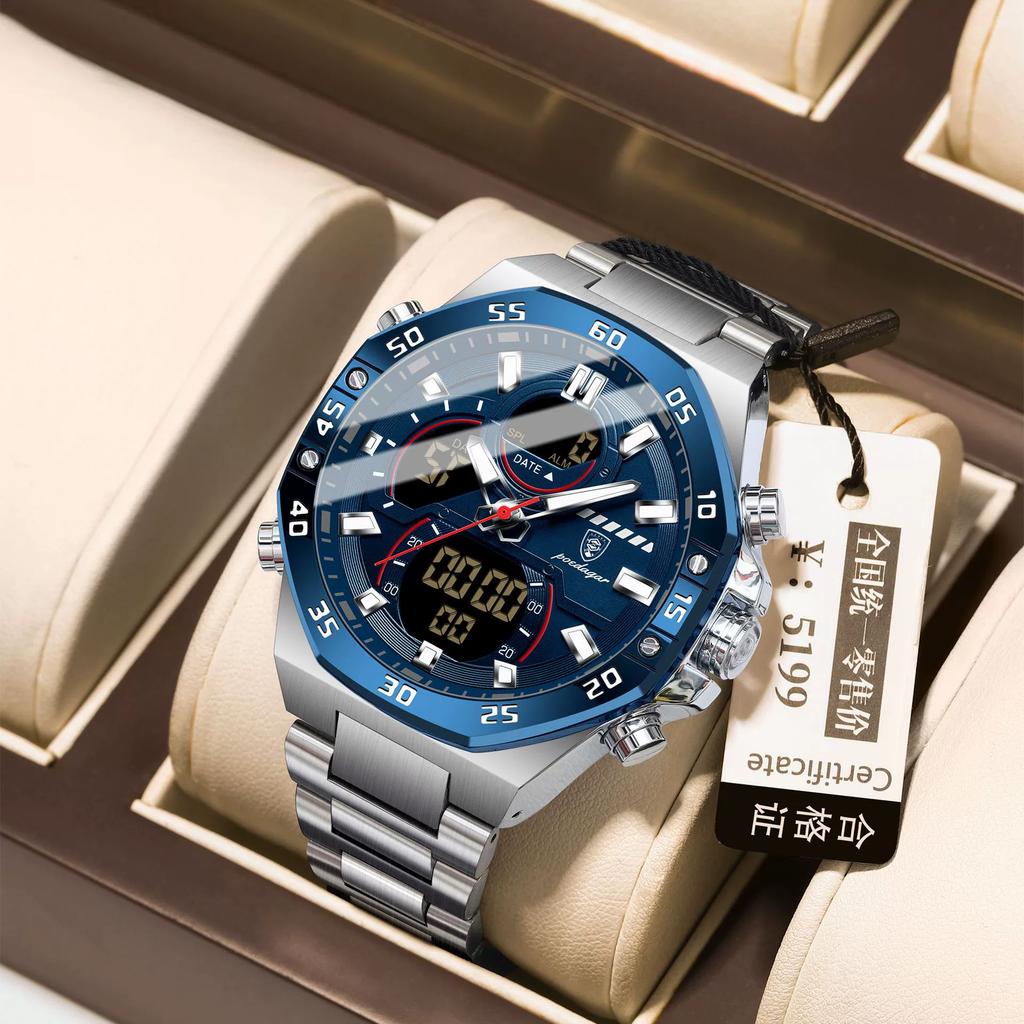 E101New Original Sports Men Wristwatch Week Date Waterproof LED Quartz Man Watch Stainless Steel Digital Men's Watches