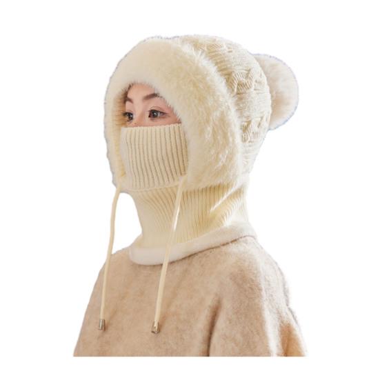 Вязаная шапка женская ветрозащитная утепленная зимняя шапка с плюшевым помпоном 3-в-1 утолщенная шапка защита лица шарф