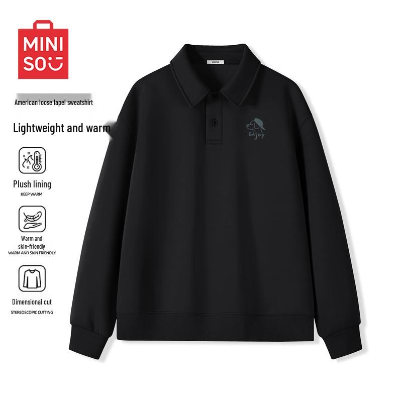 MINISO Men's American Retro Fleece-Lined Turn-Down Collar Sweatshirt