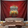 Golden Liverpool FC crest with text, torches, and a red textured background. Patterned tapestry for bedroom and living room home decor