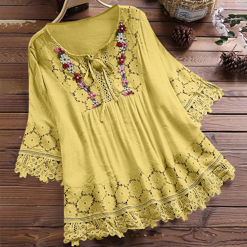 Women Lace Embroidery Flower Loose Plus Size Half Sleeve Shirt