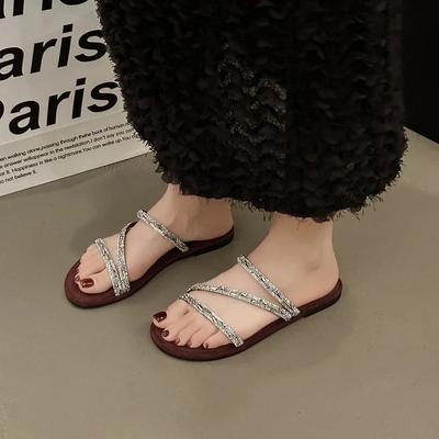 Модная обувь женская 2024 года, горячая распродажа, базовые женские тапочки, модные повседневные тапочки с кристаллами, женские новые тапочки на плоской подошве с открытым носком Zapatos Mujer