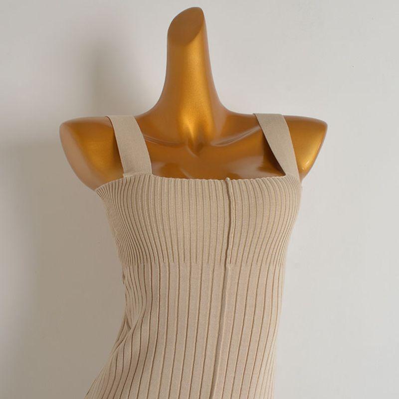 French Style New Arrival Pure Color Knitting Dress Women's Clothing Silm Slimming Slit Mid Length Long Length Sleeveless Vest Suspender Dress
