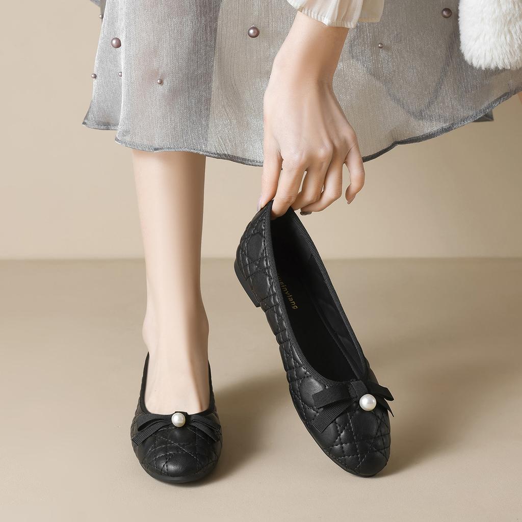 Weiwei Girl 2025-B3 черные туфли на плоской подошве для поездок на работу с легким ртом, ароматные, с мягкой подошвой и бантом, женские туфли с круглым носком