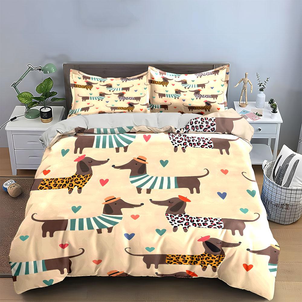 Dachshunds, hearts, striped scarves. Bedding sets Duvet cover sets Duvet covers Pillowcases(1 * Duvet Cover 2 * Pillowcases without duvet insert)