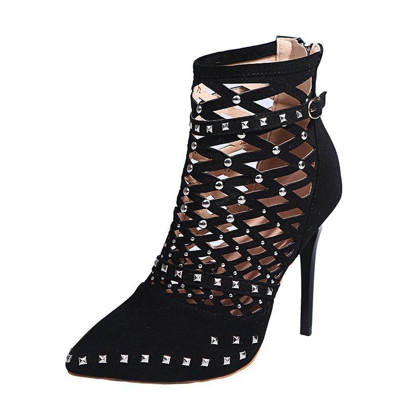 Gladiator Sandals Summer Spring Pointed Toe Rivets Studded Cut Out Caged Ankle Boots Stiletto Heel Women Shoes