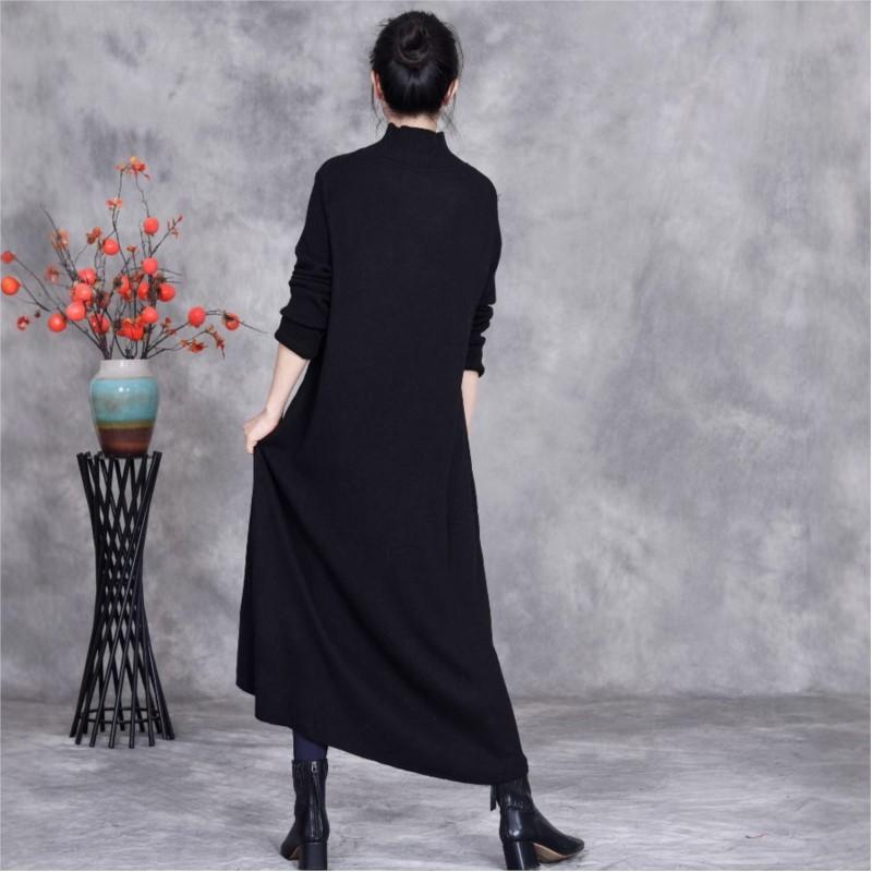 Johnature Woman Winter Neck Long Sleeves Knit Dress Niche Contrast Devise Fashion Personality Dress