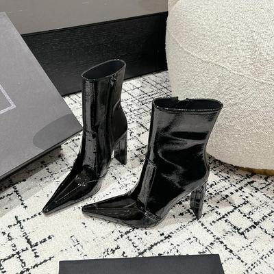 Осень и зима новые остроносые ботильоны на толстом каблуке со средней высотой голенища, боковая молния, ботильоны на высоком каблуке, сексуальные модные ботинки, лакированная кожа, тонкие ботинки женские