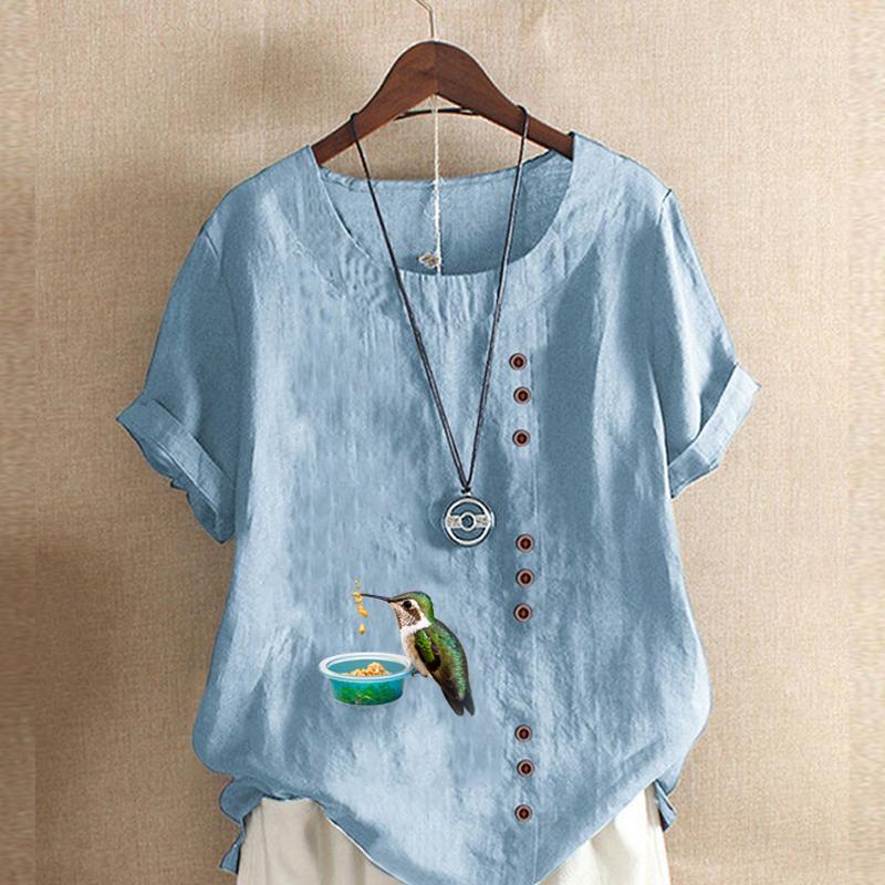 Women's New Fashion Linen Shirt Round Neck Short Sleeve Bird Printed T-shirt Summer Ladies Casual Plus Size Blouse Tops