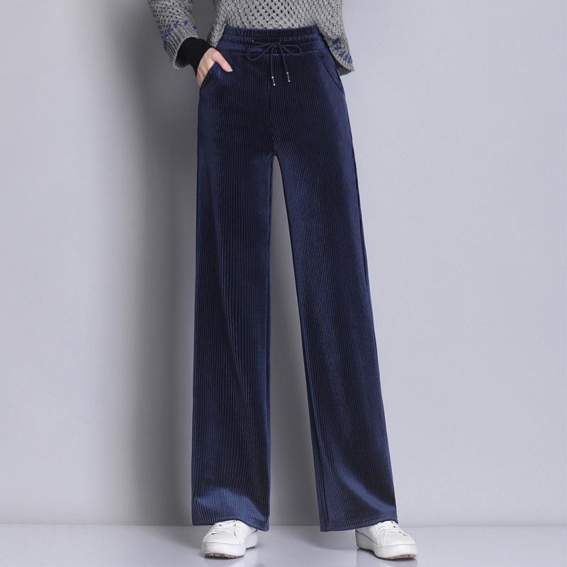 Plus Size Women's Spring Autumn Winter Solid Colour Casual Sweatpants Loose Elastic Waist Corduroy Padded Wide Leg Straight Pants
