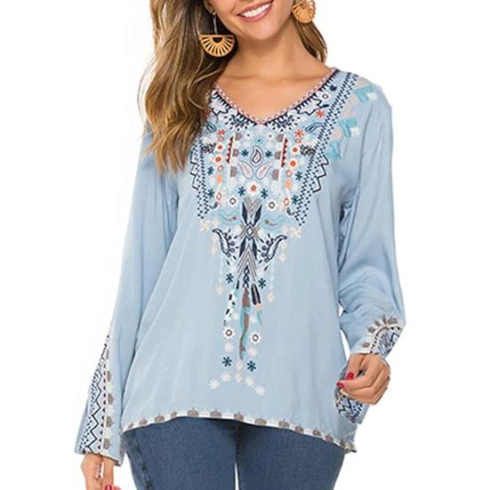 Женская рубашка в стиле бохо с вышитым цветочным узором, расклешенная, с длинным рукавом и V-образным вырезом