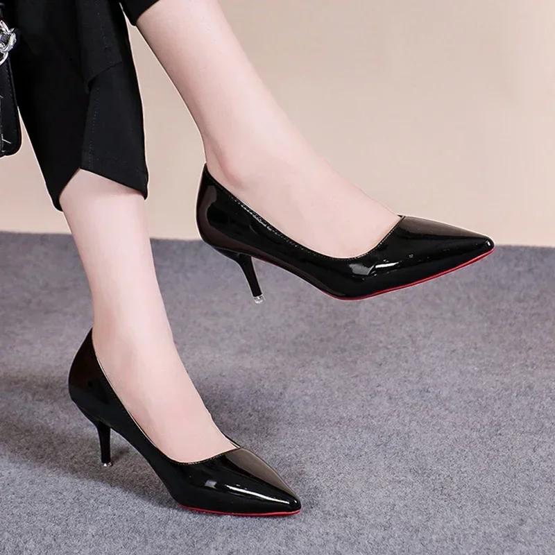 Fashion Classic Black Stiletto Heels Pumps Women 2024 Spring Patent Leather Office Shoes Woman Plus Size 43 Pointed Toe High Heels Shoes