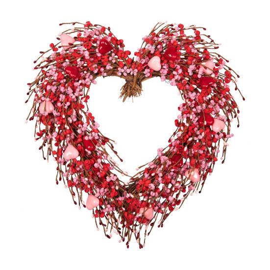 Holiday Wreath Heart Shape Indoor Outdoor Decorative Wreath with Festive Flowers Greenery Home Party Office