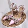 Fashion Crystal Stiletto Sandals Summer New Pointy Head Shallow Mouth Riveted Butterfly Knot Line Strap Non-slip High Heels