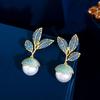 Vintage Medieval Light Luxury Leaf Turquoise Pearl Earrings Temperament Micro-Inlaid Zircon Pearl Earrings Earrings