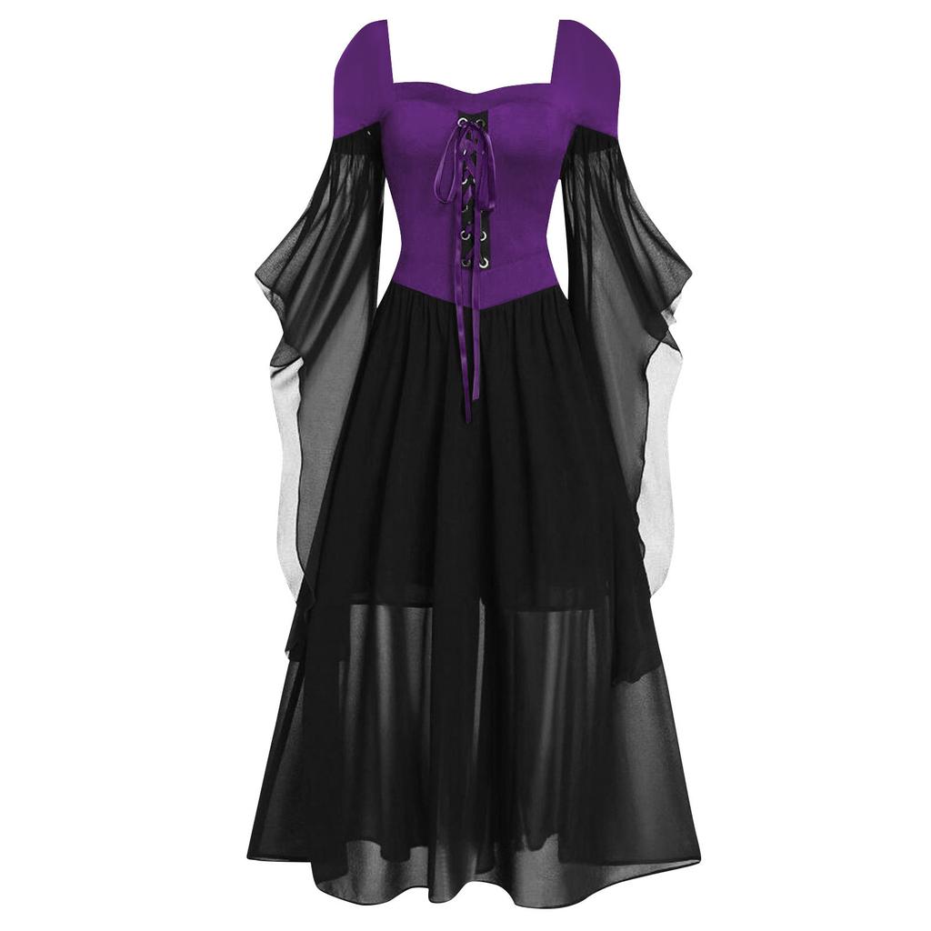 Womne Plus Size Cold Shoulder Butterfly Sleeve Lace Up Halloween Gothic Dress