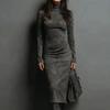 Women Elegant Slim Fit Long Sleeve Party Dress Autumn Patchwork Vintage Simple Maxi Dress Turtleneck Casual Ladies Dress