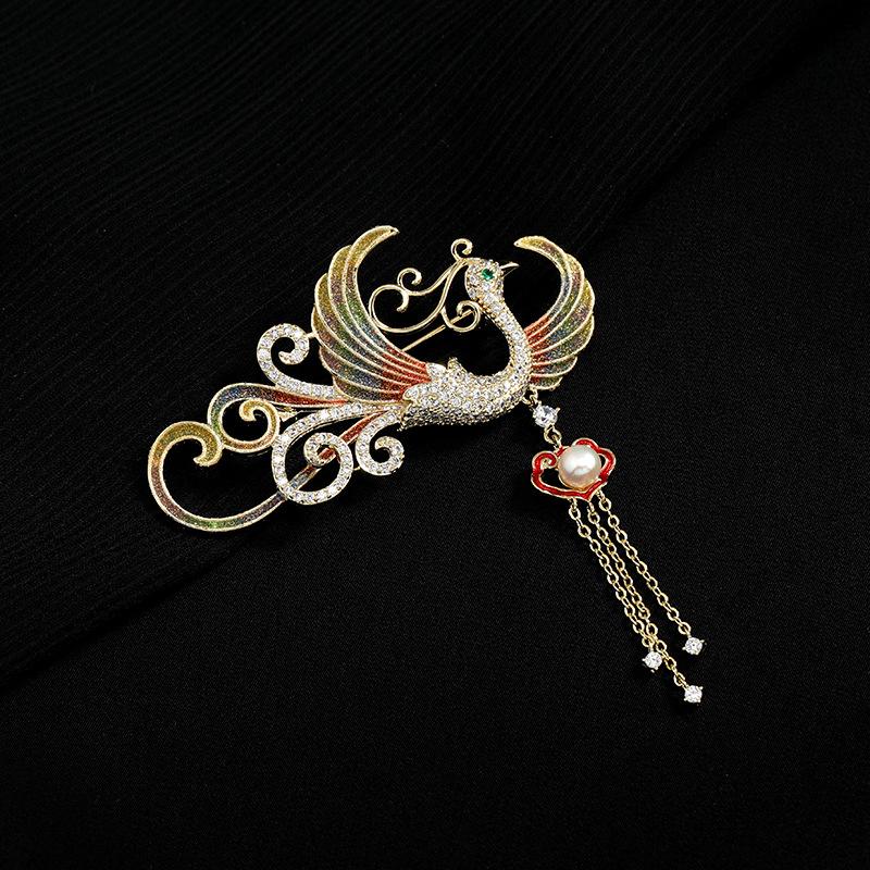 Средняя эмалевая брошь феникс, высококлассный темперамент, женская булавка с жемчужной бахромой, аксессуары для костюма, корсаж