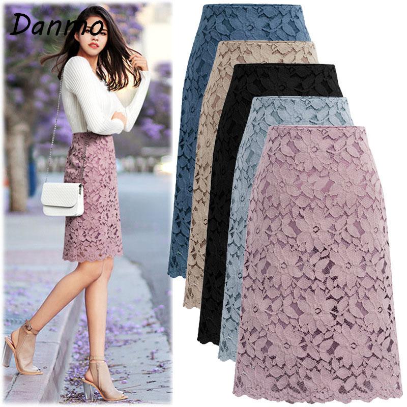 Danmo Autumn Straight Women Skirt Elegant Hollow Out Lace Elegant A-line High Waist Skirts Lady Office Midi Long Skirt