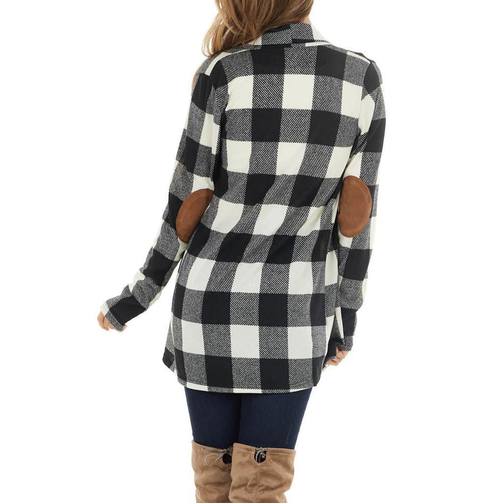 Women's Plaid Print Patch Patchwork Cardigans Open Front Long Sleeve Coat