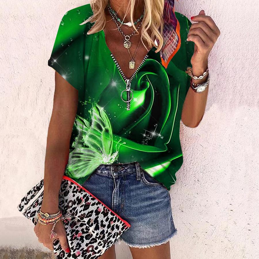 Женский топ, летний новый модный топ с гигантскими цветами и принтом розы, повседневный топ на молнии с v-образным вырезом и короткими рукавами