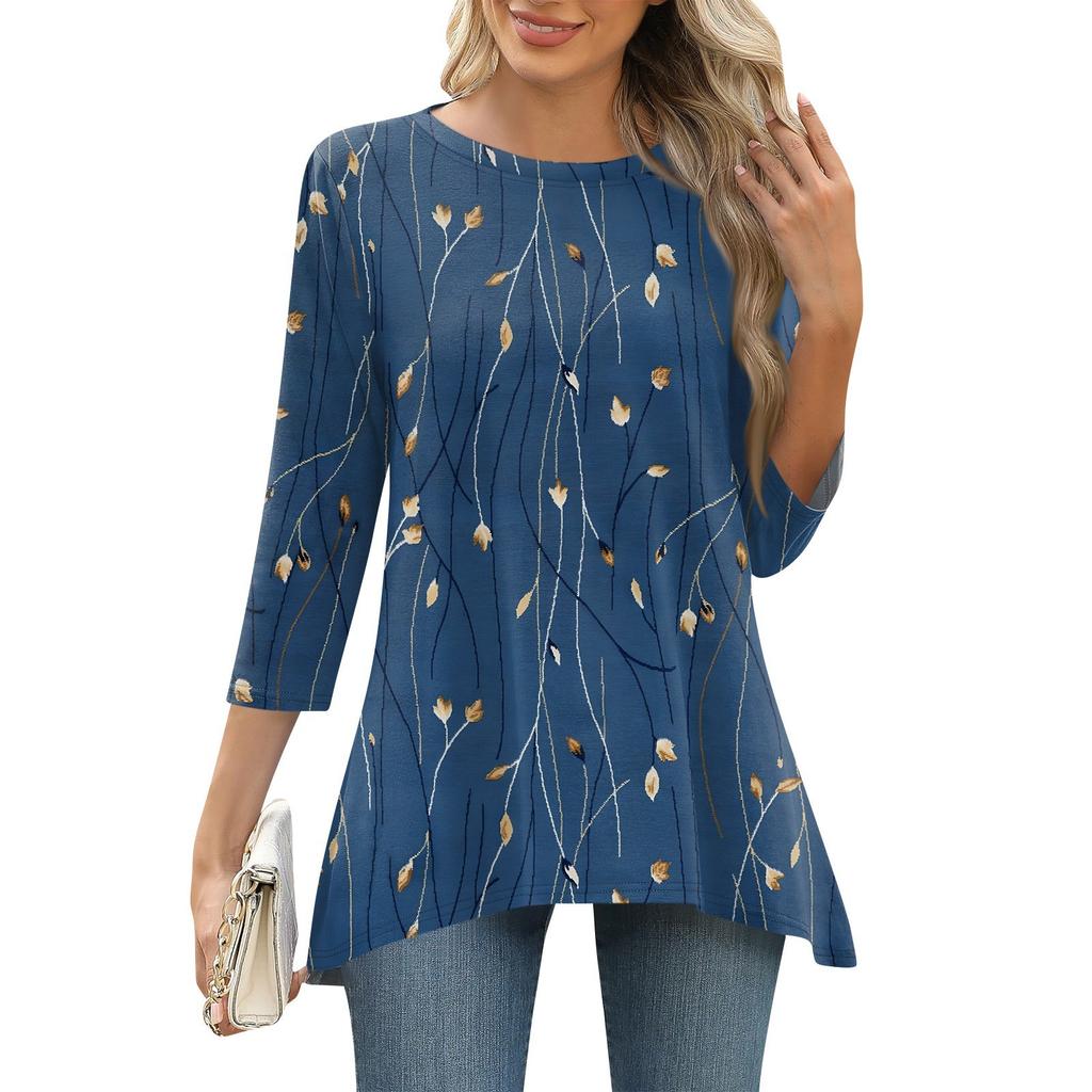 3/4 Sleeve Tunic Tops For Women Printed Daily Weekend Loose Fit Fashion Basic Round Neck T Shirt