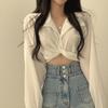 Secret Jam Винтажная уличная одежда Harajuku Сексуальная женская блузка Укороченный топ Корейский стиль Тенденции Черно-белая рубашка с длинным рукавом Женская туника Шикарная