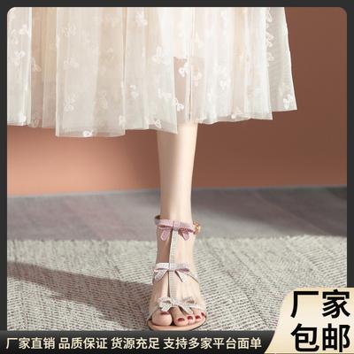 Год бант стразы одно слово ремешок на щиколотке с открытым носком сандалии высокий каблук женские летние