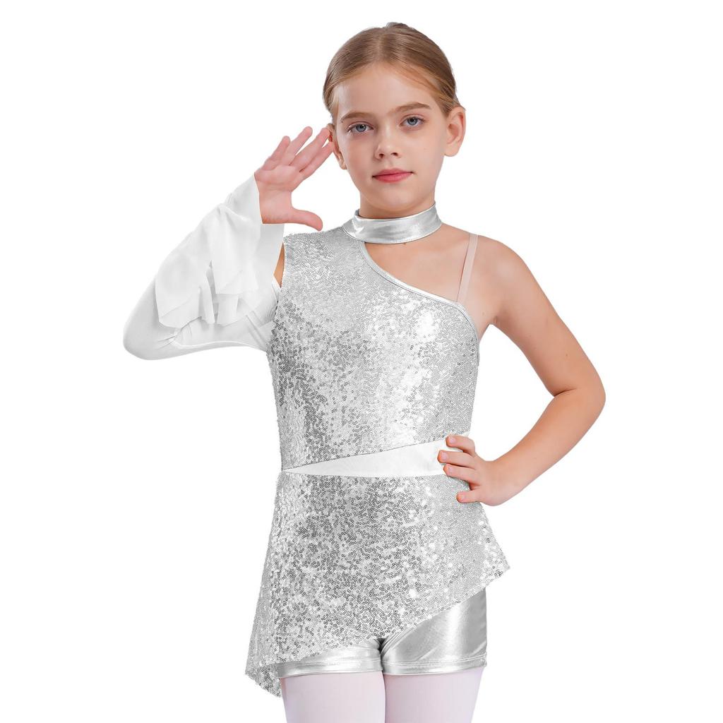 Девочки Пеплум Купальник Танцевальный Костюм Асимметричный Дизайн с Открытым Плечом с Прозрачными Сетчатыми Рукавами-Воланами Боди
