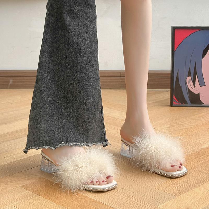 Женские туфли на высоком каблуке 2024 лето новая французская пушистая обувь прозрачные хрустальные туфли толстый каблук квадратный носок слово с сандалиями