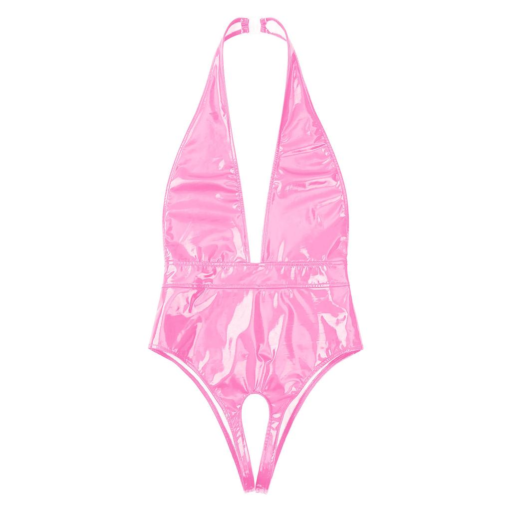 Женское нижнее белье Латексный боди Патентная кожа Халтер Комбинезон Костюм кошки с застежкой-пряжкой Сексуальный леотард с открытой промежностью Комбинезон Клубная одежда