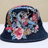 Весенняя, летняя и осенняя женская модная шляпа-ведро в этническом стиле с вышивкой из денима для улицы, защищающая от солнца, для путешествий и улиц