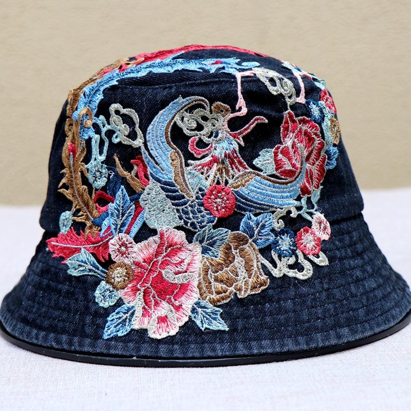 Весенняя, летняя и осенняя женская модная шляпа-ведро в этническом стиле с вышивкой из денима для улицы, защищающая от солнца, для путешествий и улиц