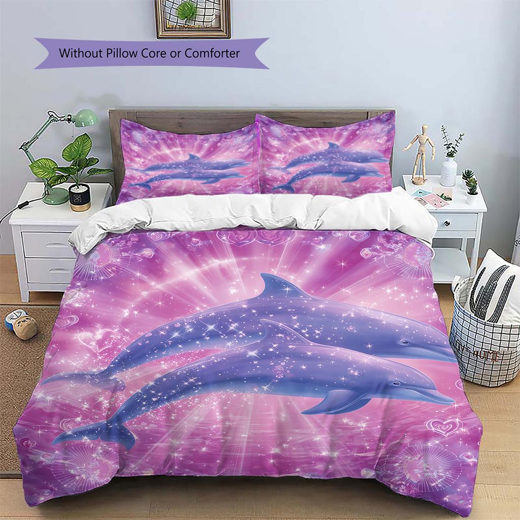 Мультяшная цветная дельфиновая постельное белье Домашний декор Подарок на день рождения (1 пододеяльник + 2 наволочки, без наполнителя)