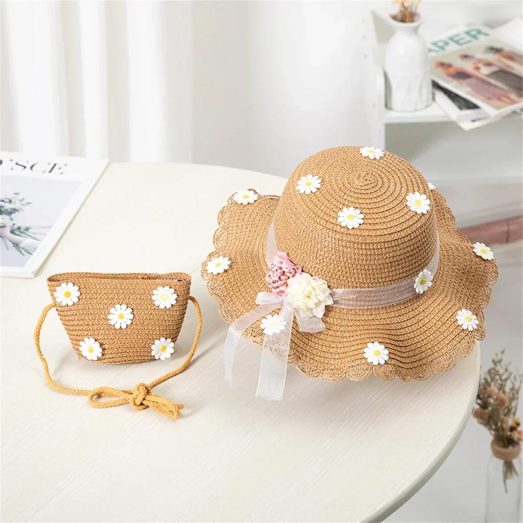New Girls Chamomile Floral Straw Hat Handbag Sets Child Baby Straw Hat Kids Outdoor Beach Sun Bags Set Travel Holiday Sun Cap