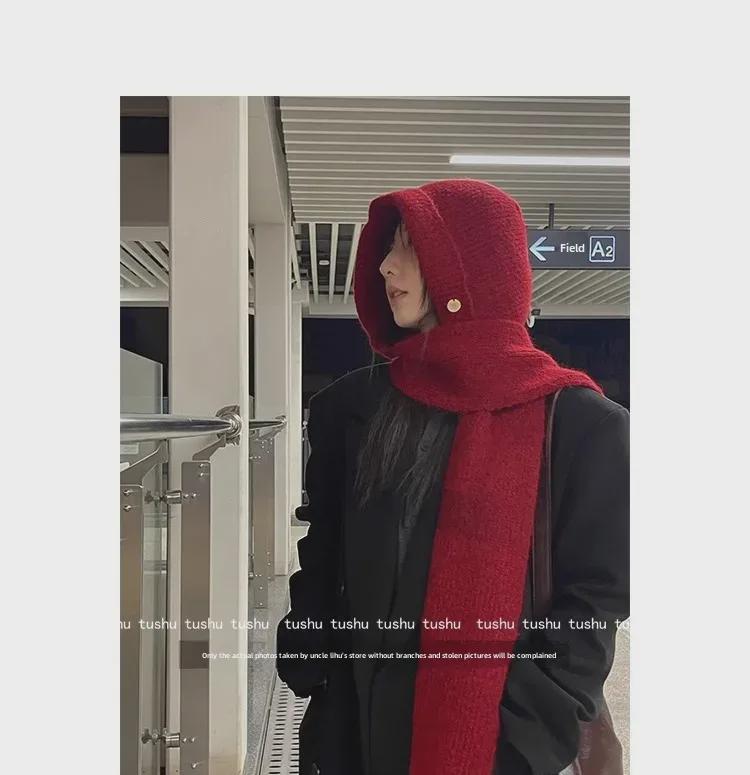 Высококачественная красная шерстяная шапка-балаклава для женщин с защитой ушей и шарфом