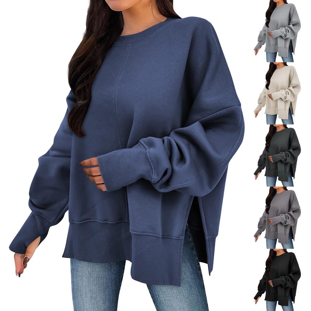 Women's Solid Color Slit Round Neck Sweatshirt Casual Top Loose Long Sleeved Top