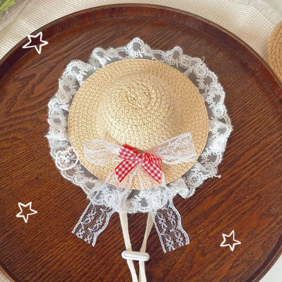 Mini Pet Straw Hat with Lace Adjustable Sun Protection Straw Hat with Bow Handwoven Outdoor Pet Accessory for Small Cats And Dogs