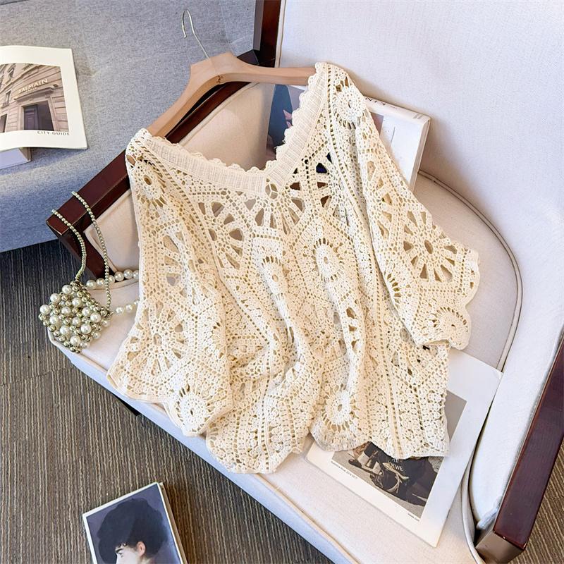 Dimanaf 2025 Новые летние женские футболки с V-образным вырезом, базовые модные топы, кружевные футболки, повседневные свободные белые футболки