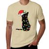Santa Black Cat Tangled Up In Christmas Tree Lights Holiday Tshirt Oversized Hippie Clothes Designer T Shirt Unisex