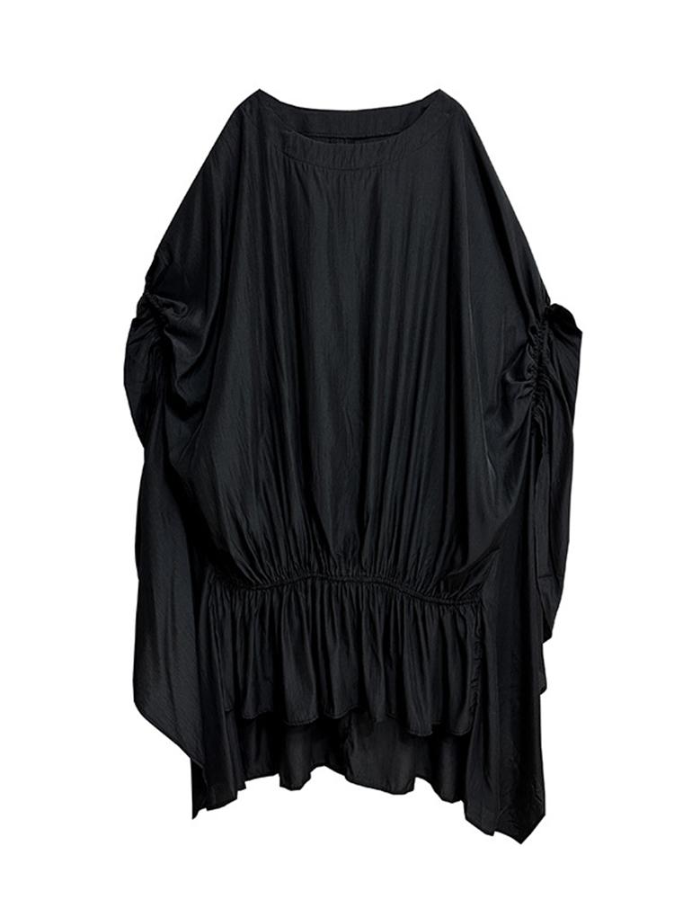 Xitao Black Irregular Batwing Sleeve Dress Loose Fashion Folds Patchwork Hem 2024 Summer New Personality Women WLD20226