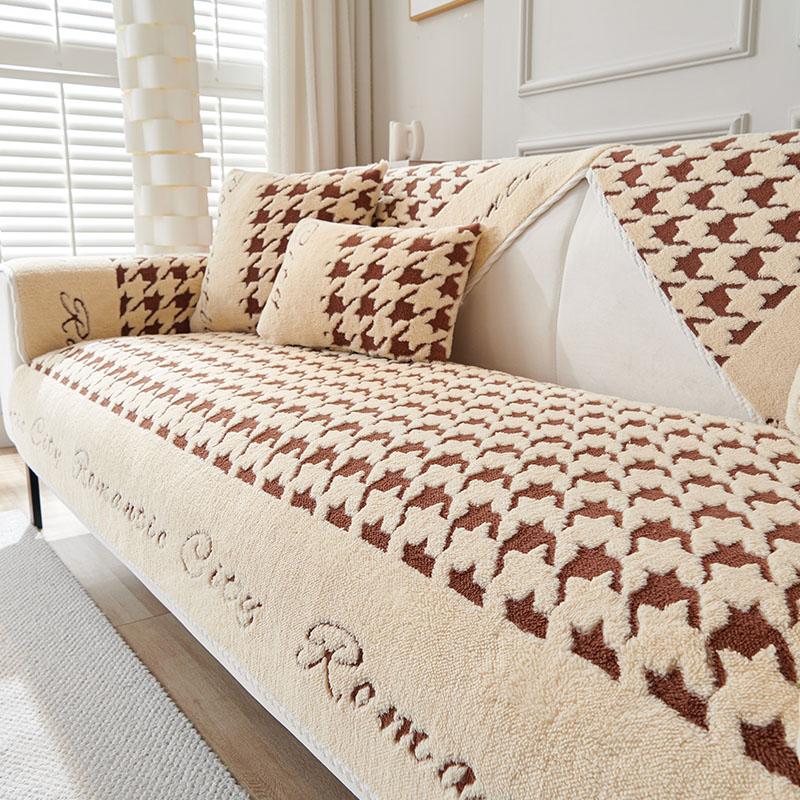 Осенне-зимняя плюшевая подушка для дивана, современный простой нескользящий кожаный чехол для дивана, модный универсальный чехол для дивана с рисунком «гусиные лапки», тканевое полотенце