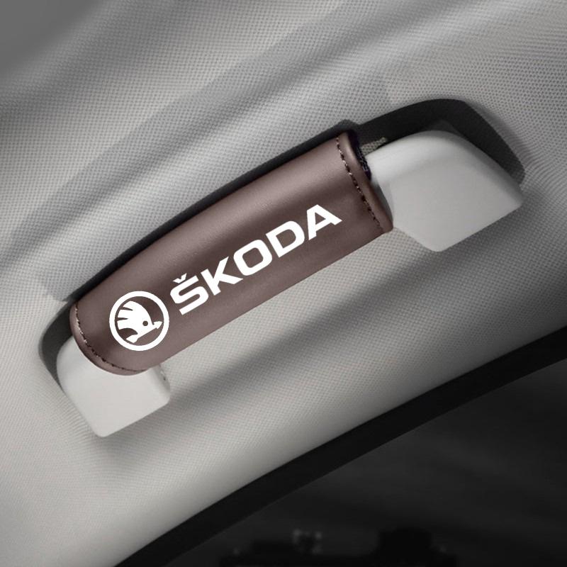 XOWS7 Leather Car Roof Armrest Pull Cover Handle Gloves Protection for Skoda octavia a5 a4 mk1 fabia superb rapid mk3 yeti 2006 sign